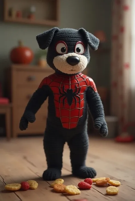 spidey donne des croquettes a son chien staff noir  pour enfants 