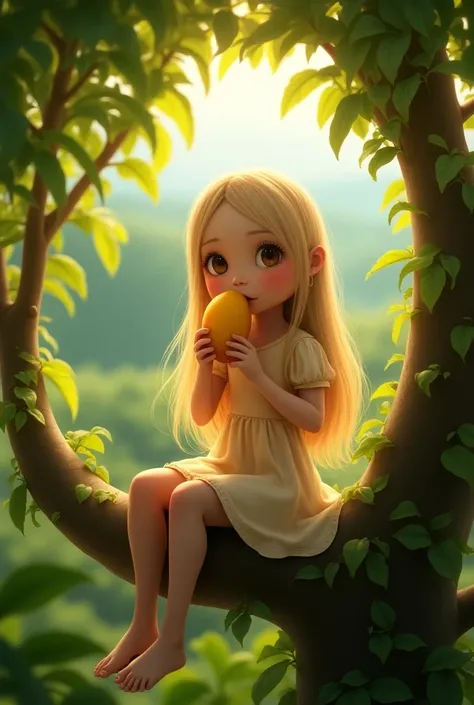 one cute indonesian girl with blonde and long hair eating content of mango fruit on the top of the tree, realistic, professional photography. 