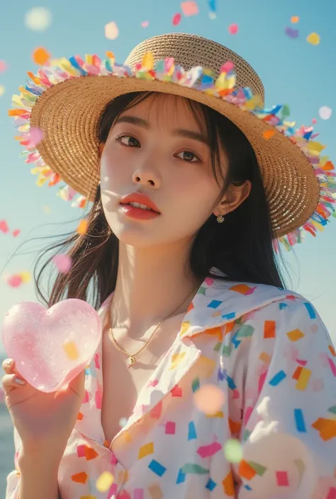 (Beautiful girl wearing confetti straw hat:1.4)，(Colorful confetti:1.5)，Colorful confetti flying in the sky，Floating confetti fills the sky，In the scraps of paper，hyper detailed masterpiece, Dynamic, great quality,Floating extra large ethereal colorful hea...