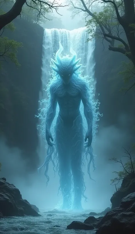 a demonic monster figure formed from Water energy and water particles ((similar to a clear hologram)) becomes One Appears in a large, haunted Waterfall