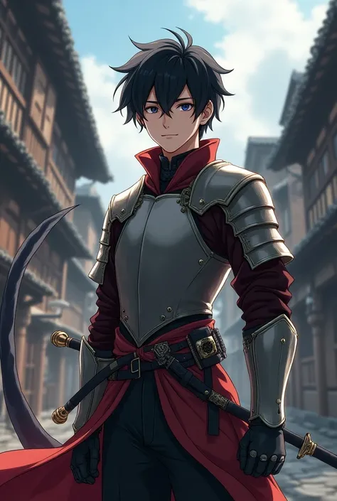 Japanese Anime Style,Japnanse Young Man,Tail,Around 18 age,Black Hair,Black Eye,Middle Age Europe Light Armor,Middle Age Europe Sword 