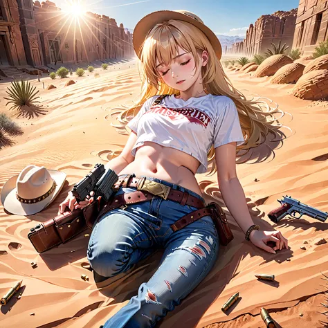 (best quality, 4k, 8k, highres, masterpiece:1.2), 1girl, , on the ground, blond hair, bangs, closed eyes, bullet wound, pain, wh...