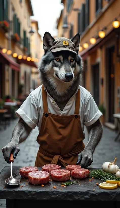 A charismatic gray wolf wearing a chef’s apron and a casual cap, stationed at a rustic Italian food stall in a narrow cobblestone alley. The wolf expertly flips juicy lamb chops on a hot stone grill, surrounded by fresh herbs, garlic, and olive oil. His fo...