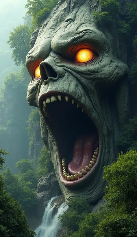 Generate a natural landscape where a cliff forms a face. Its mouth is wide open, its eyes eerily glowing yellow, and there are several powerful faces that look as if they are screaming.It looks like a rock, and is surrounded by lush trees.