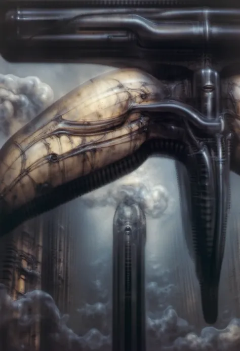 H. R. Gigers g1g3r, , Giger_style, The image is a detailed view of H.R. Gigers " NY City  " plate, featuring H R GIGERs biomechanical is a digital artwork featuring  vertical city set against a backdrop of intricate mechanical pipes and wires.. with a glow...