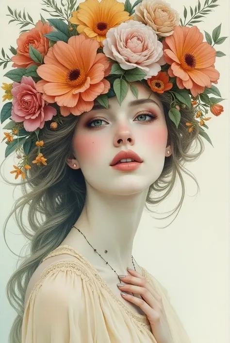 An ultrafine detailed watercolor painting of a gorgeous woman with flowers in her hair, in the style of Alphonse Maria Mucha and Gustav Kilmt, art nouveau accents, fairy princess, anthropomorphic female, female figure, detailed cover artwork, as the goddes...