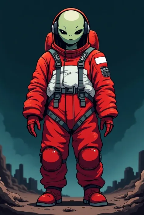 whole body, Flat colors, flat textures, anime, alien in astronaut suit, only one person, apocalyptic background, red and white suit, baggy suit, without lunar helmet, darker background, with Indonesia flag in shoulder 
