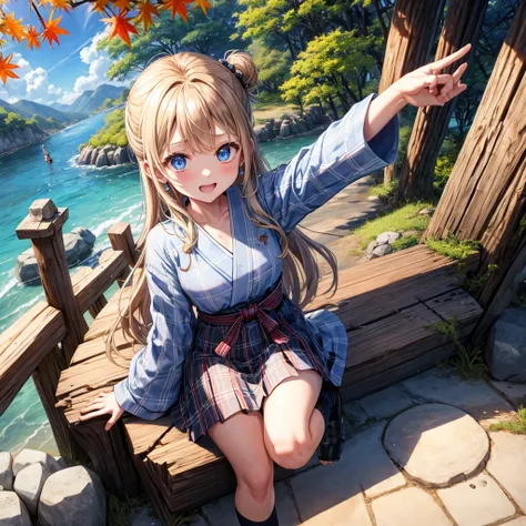 Chestnut Hair、 blue eyes、Hair tied up、Two cute、 plaid mini skirt 、 BLACK T-SHIRT、 Long Sleeve 、kimono、striped high socks、Teeth are visible、lawn、The stone is cracked、Uneven ground、The road is curved、Diamond Earrings、View from above、Large autumn tree、Mountai...