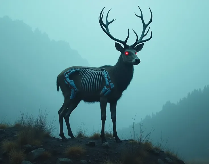 (Best Quality,hight resolution,Masterpiece, zombified horror deer:1.2),Ultra-detailed, cinematic shot of a zombified deer standing on a hill in a desolated and depressing scenario, ribs are visible through its slashed flesh, red eyes, creepy and melancholi...