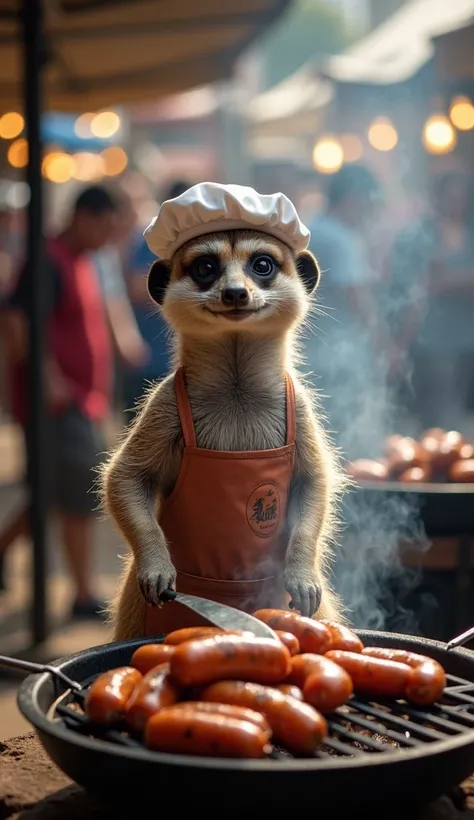 A lively meerkat in a chef’s apron and small hat, stationed at a traditional South African braai (BBQ) setup. The meerkat skillfully flips boerewors sausages over the grill, with thick smoke wafting around him. The scene is set in a busy street market, wit...