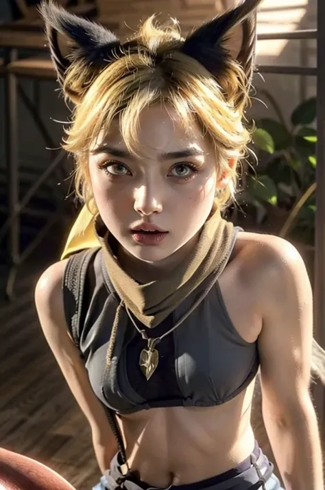 a beautiful girl with fury expression, yellow short hair with cat ears, wearing hot and wearing lingerie with a scarf tied around his neck  , highly detailed, cinematic lighting, vibrant colors, photorealistic, masterpiece, 1girl, beautiful detailed eyes, ...