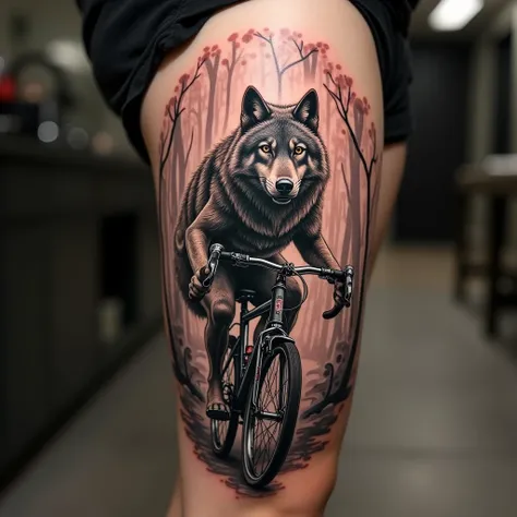  A picture of a wolf tattoo on the back of a thigh.  The wolf is riding a bicycle .  The background is blurry and contains trees .