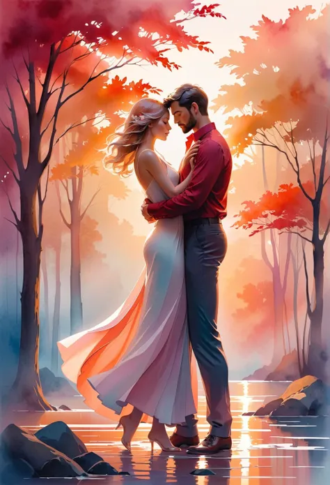  Create a modern abstract watercolor work that captures the essence of a couple of men and women embracing.  Uses smooth, flowing shapes that suggest the silhouettes of bodies ,  but without explicit details ,  allowing the figure to dissolve in the waterc...