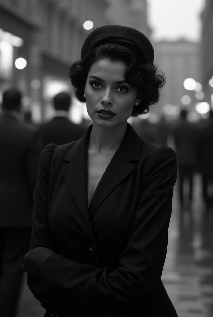 Make a black and white picture of a sexy Indian lady who lives in 1930s Berlin and who wears European clothing 

Make the picture in a public background 
Make the picture in landscape mode 