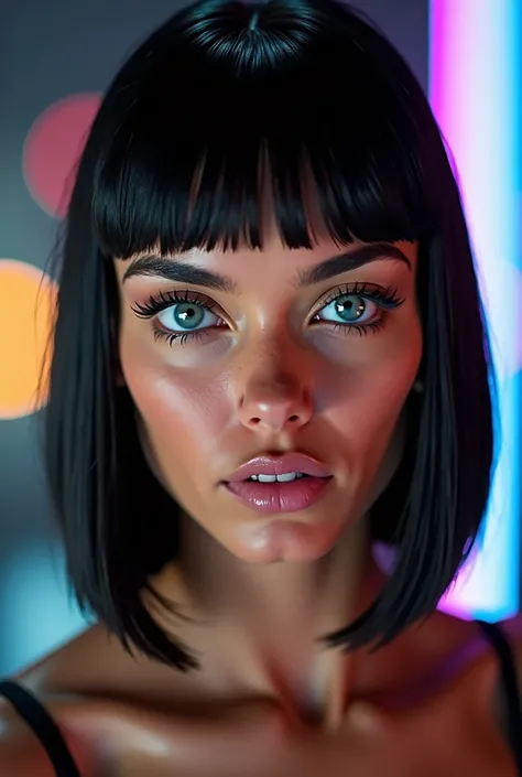 A close-up portrait of Bianca Steele, a virtual fitness and tech influencer. Her face is striking, with a strong, square jawline that gives her a commanding and confident look. She has jet-black, straight hair cut in a sleek bob that falls to her ears, wit...