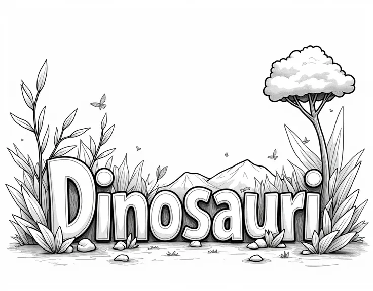 Adult coloring book page coloring pages, Text typography that says "Dinosauri da colorare" in elegant 3d cartoon style coloring book, small details of a forest, the word "Dinosauri" must begin with a large letter, line art, thick lines, low detail, black a...