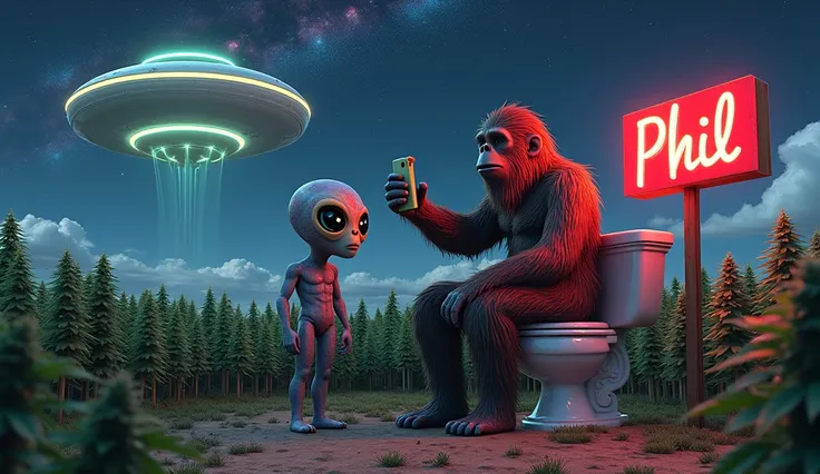 Sasquatch sitting on a giant toilet taking a selfie with a multicolored alien with huge eyes and detailed pupils,in a field of marijuana with big buds and milky way galaxy ultra sharp and visible in the background, a giant mothership saucer full of lights,...