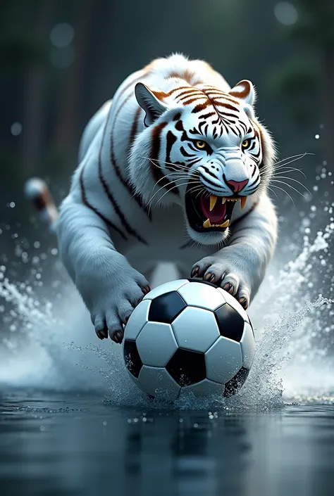 Create a logo using AMT with a roaring white tiger, while jumping over Black and white football   and having a watery background. 