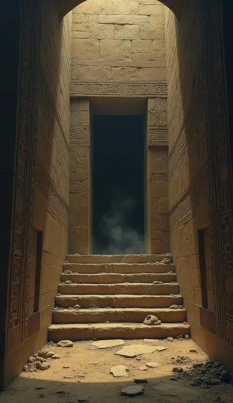 A narrow, stone-carved entrance to a massive pyramid, barely illuminated by torchlight. Inside, steep stone steps descend into darkness, with ancient hieroglyphs carved along the walls. Shadows seem to shift, and the air is thick and dusty. Wisps of fog cu...