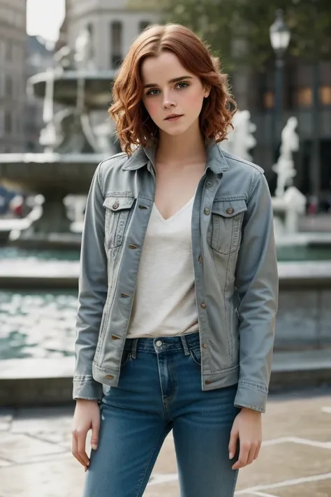 Emma Watson girl in , age19, Alone,  Aesthetic artwork , irish redhead,  curly, Shoulder-length red hair , gray eyes, light gray eyes, some small freckles, pale skin, a cup,  small breasts , body runners,  detailed skin texture,  dancing around the city fo...