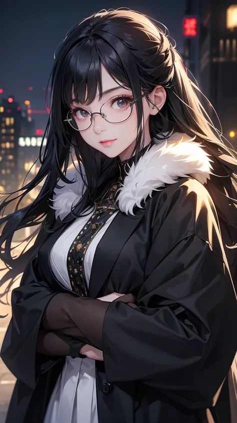 Highest quality、Young girl、upper body 、 masterpiece、long black hair、 High sensitivity、(Smile 2:1) High resolution、Detailed Description、Slender women、Glasses、Fur coat、In the middle of Manhattan、Arms crossed、Walking、A large amount of、It&#39;s raining banknot...