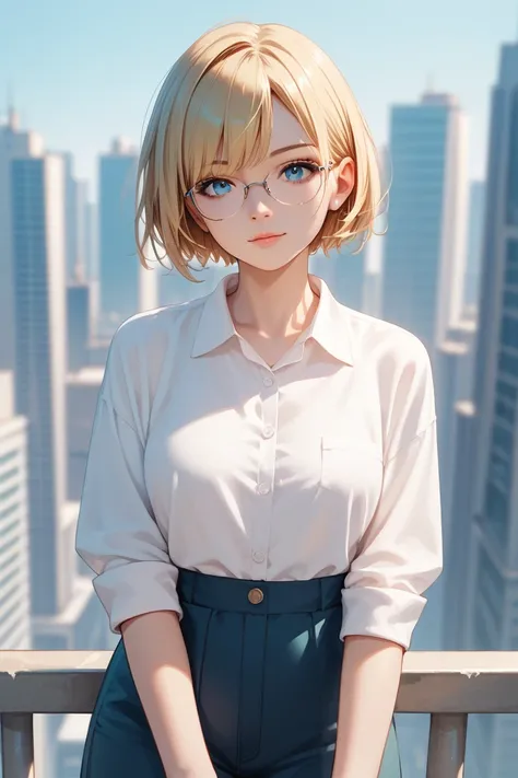 1girl, short blonde hair, blue eyes, wearing plain white shirt, with glasses, city, absurdres, high res, ultrasharp, 8K, masterpiece, looking at viewer