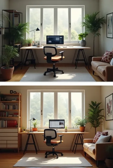 Prompt : "Avant et après l’aménagement de mon bureau ! Qui aurait cru quun petit espace pouvait devenir si cosy ?! 🖥️✨ #Transformation #AvantApres #HomeOffice"
Description de l’image : Montre dabord un bureau vide ou désordonné, puis fais une transition po...