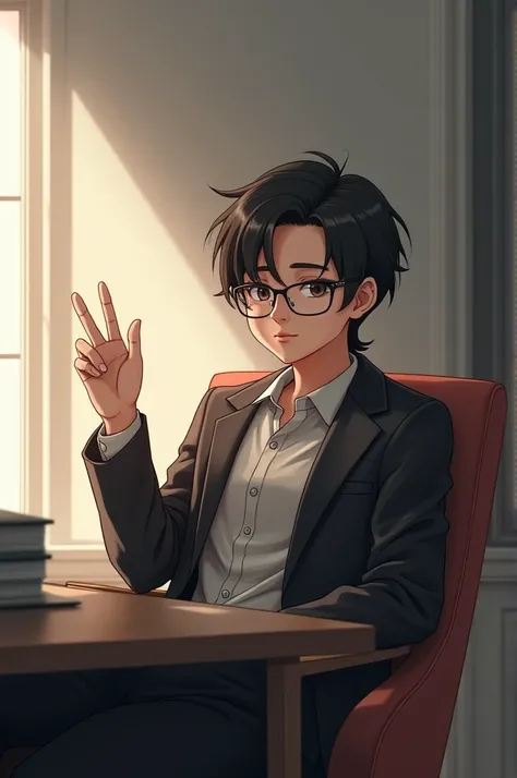 A Sigma sitting on chair with wearing glasses says hello 