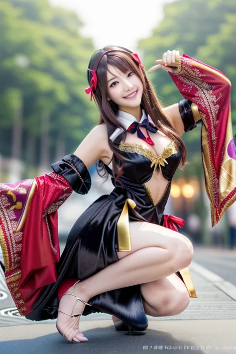 photo-realistic quality、japanese model is crouching in a black dress,  cosplay, anime girl  cosplay,  cosplay photo, anime godde...