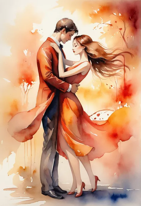  Create a modern abstract watercolor work that captures the essence of a couple of men and women embracing.  Uses smooth, flowing shapes that suggest the silhouettes of bodies ,  but without explicit details ,  allowing the figure to dissolve in the waterc...