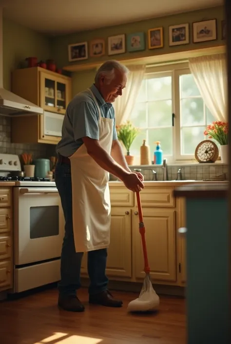 Commercial: 70s man with an apron cleaning in his kitchen 