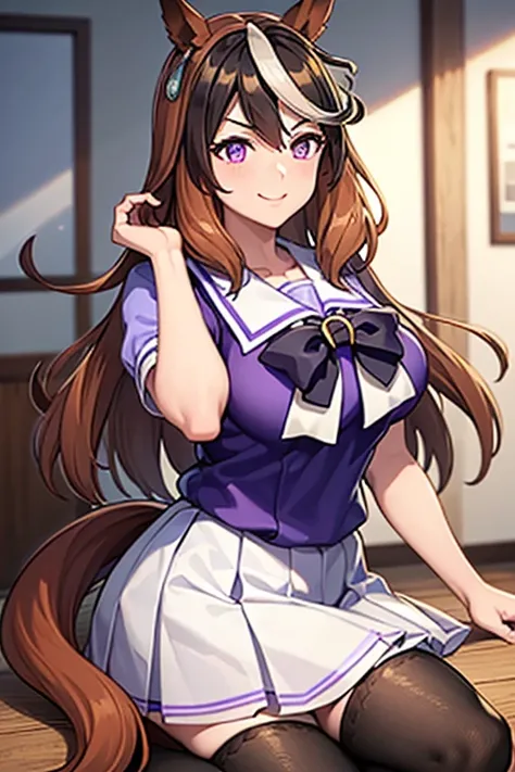 Symboli Rudolf,One person、girl、Horse tail、purple eyes,best quality,large breasts,whole body,seductive smile, tracen school uniform, sailor collar, bowtie, purple shirt, sailor shirt, short sleeves, white skirt, white thighhighs,