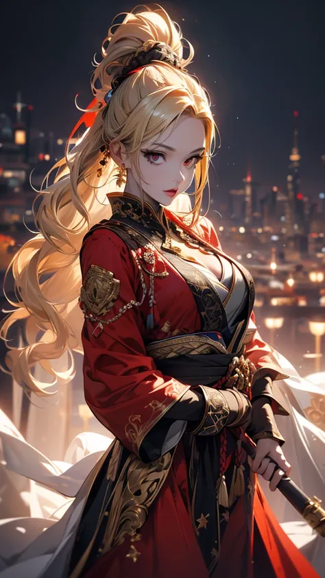 masterpiece,      high quality, 4K, Beautiful design,      silhouette     ，blonde，  ponytail， Highly detailed starry sky,        Extremely Knowledgeable Woman     , Highly detailed solo, 1 female,red eyes，Big Breasts， Red costume，