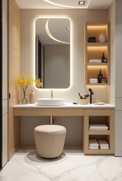 Professional 3d architecture rendering design of modern and minimal and high tech design for  elegant  and luxurious circular space in bathroom   For elegant  woman’s  doing makeup face and  brush her hair with  laurel color  with small lines of dark gold ...