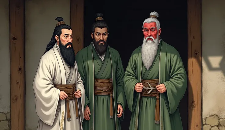 Three Kingdoms Period，A middle-aged man dressed in white ， A middle-aged man dressed in green with a red face and a long beard， A dark face with a dark face and full beard ， waiting to open the door next to a hut 