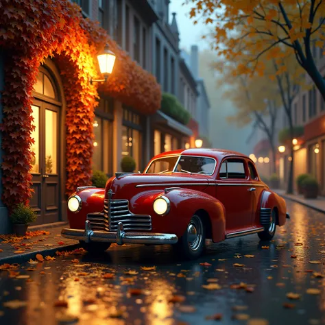 masterpiece - fais une œuvre masterpiece (8k wallpaper, Highly detailed CGI, digital art, A 3D render) : An enchanting autumn evening on a quiet city street, where a vintage car, polished and shining, is parked under a streetlamp casting a warm, golden glo...