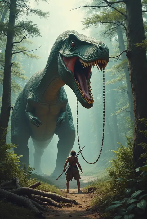 Dinosaur with hunting man then friendship with dinosaur neck chain to fighting man walking