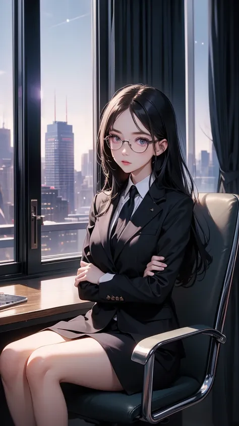 Woman wearing business outfit, formal blazer, white blouse, beautiful, masterpiece, best quality, perfect lighting, (Black hair:1.2), long hair, (Violet eyes:1.2), slender build, thin, Small breasts, business woman, ceo, sitting in luxurious black leather ...