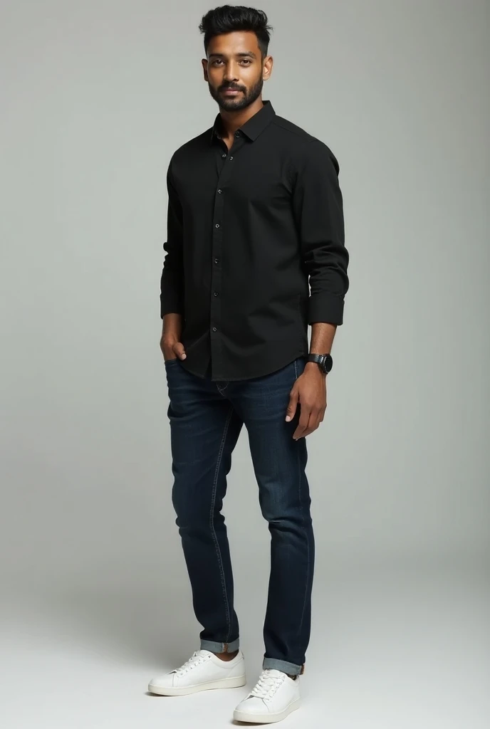 Indian man put on black shirt, dark blue jeans with white sneakers