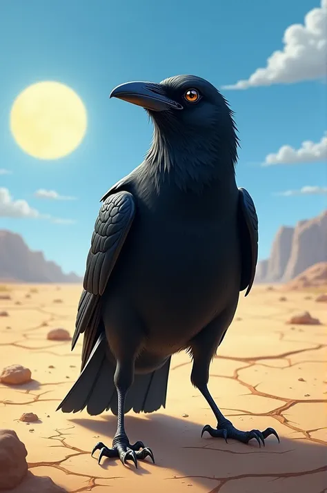 Imagine you are a crow flying on a hot summer day. You are extremely thirsty, and all you want is a little water to drink. Describe how the crow feels as it searches for water. How does it react when it cant find water anywhere?