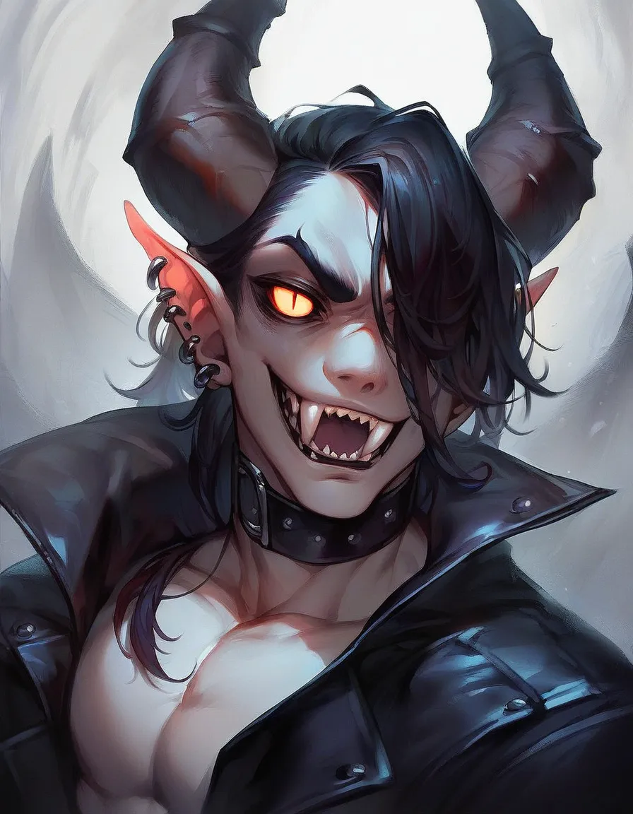 demonic boy with horns,  detailed face , piercing gaze, sharp fangs,  black leather Jacket, Dark gothic outfit,  dramatic lighting ,  dark atmosphere , saturated colors,  cinematic composition ,  Digital art,  concept artwork