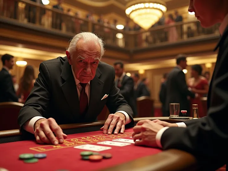 Baccarat、大金を賭けている、Sweaty、An old man with a desperate expression betting a large sum of money、A female dealer with a relaxed expression、Lots of galleries