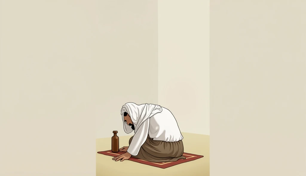 "Cartoon of a Muslim man wearing loose, non-transparent clothing,  symbolizes simplicity and comfort in the prayer service .  His expression is calm and focused , against the background of the prayer atmosphere ."