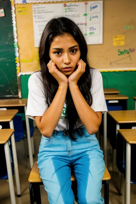 brazilian s, pele morena, very beautiful, Brazilian school, inside the classroom ,Pissing on your pants, sad look