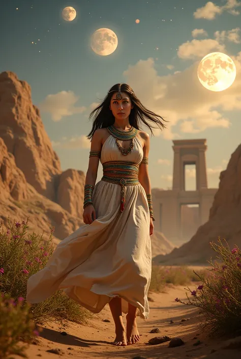 Create a vivid scene of a Sumerian queen, inspired by Queen Pu-Abi of Ur, walking gracefully through the enchanting landscapes of ancient Babylon. Surround her with a magical atmosphere, where the shimmering moons and stars cast ethereal light over the mys...