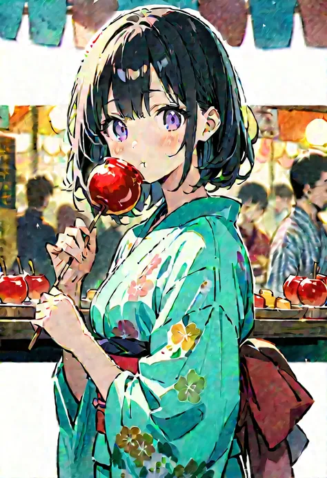 cute girl, Yukata, watercolor, Clear,  anime style illustration that touches the outline slightly ,  cute illustration ,   Beautiful Details , わずかに輪郭に触れる,  cute  who touches the outline is eating apple candy, Candy apples、  Looks delicious!,  Japanese fest...