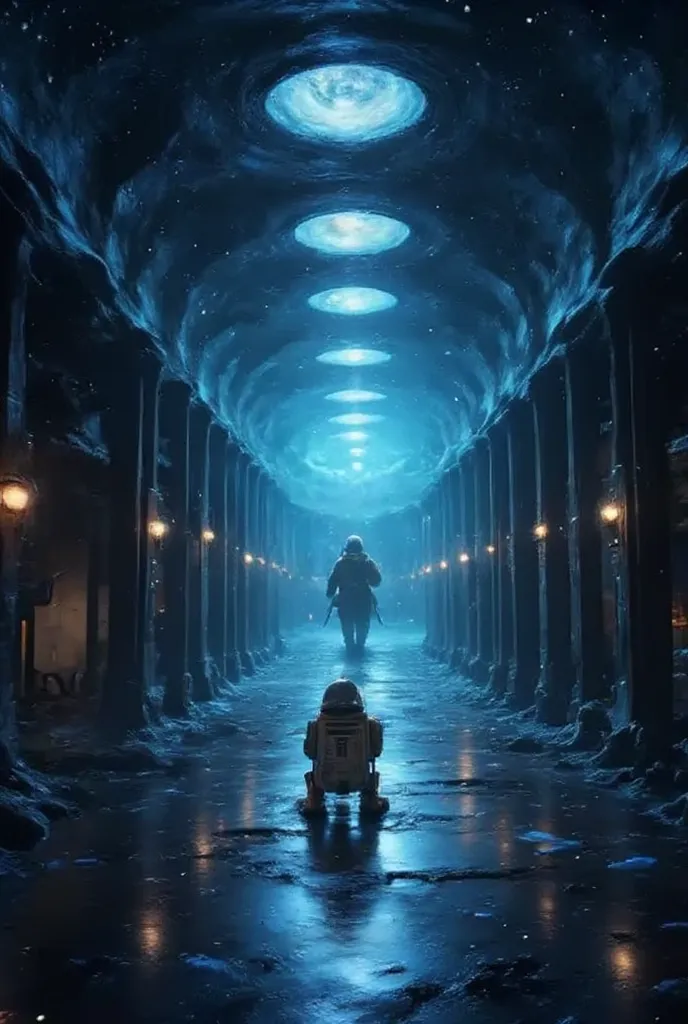 mysterious hallways in the star wars universe ,  showing r2-d2 in the distance , 带有future感的照明和墙壁上的复杂细节,  presents a sci-fi atmos...