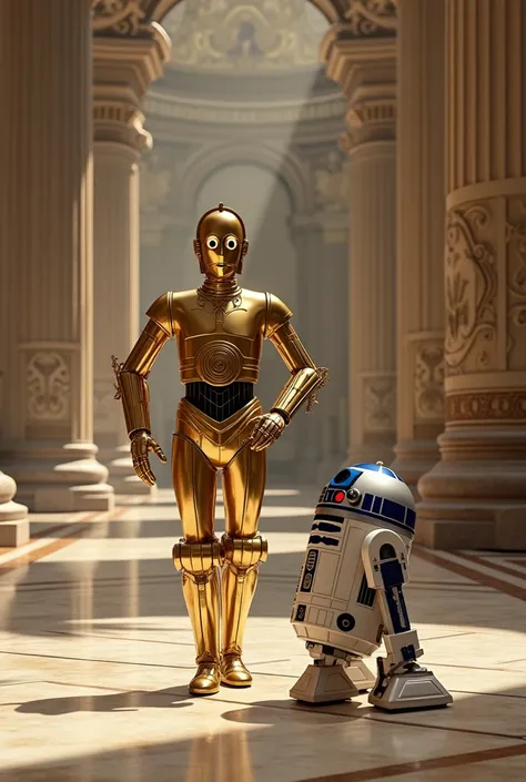  C-3PO and R2D2 walking around the interior of The Vatican seeing paintings. Ultra-realistic image with beige and faint shades 