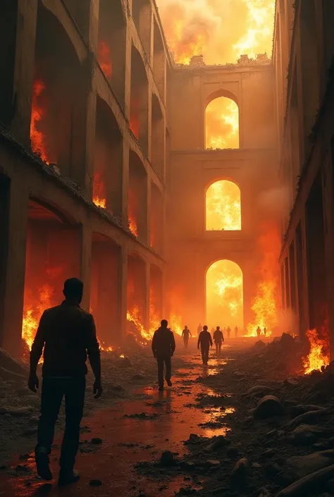  large building,  building without windows ,  building inside , The building is on fire,  building in ruins ,  crazed people are running around inside the building,  dead bodies lie , Blood, darkness, apathy 