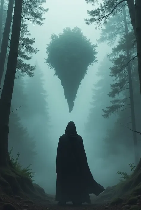 In the forest, a man with a black hood covering his face, who has raised the homeland to the sky, and behind him, mist